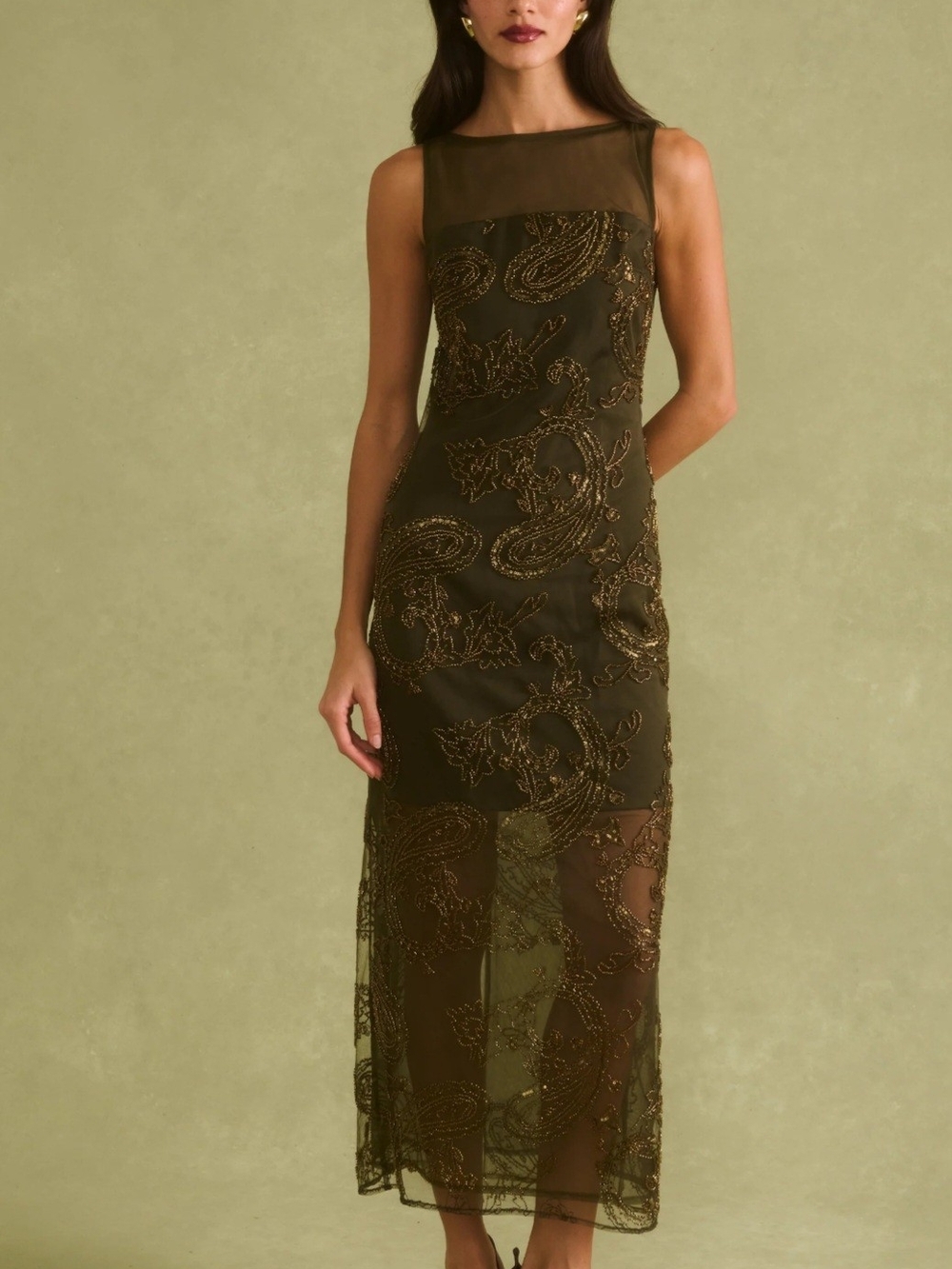 Sorella Ora Beaded Sheer-Panel Midi Dress In Olive